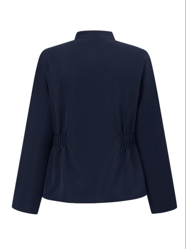 Women's Solid Color Button Front Pocket Jacket, Casual Long Sleeve Stand Collar Outerwear for Fall & Winter, Ladies Clothes for Daily Wear